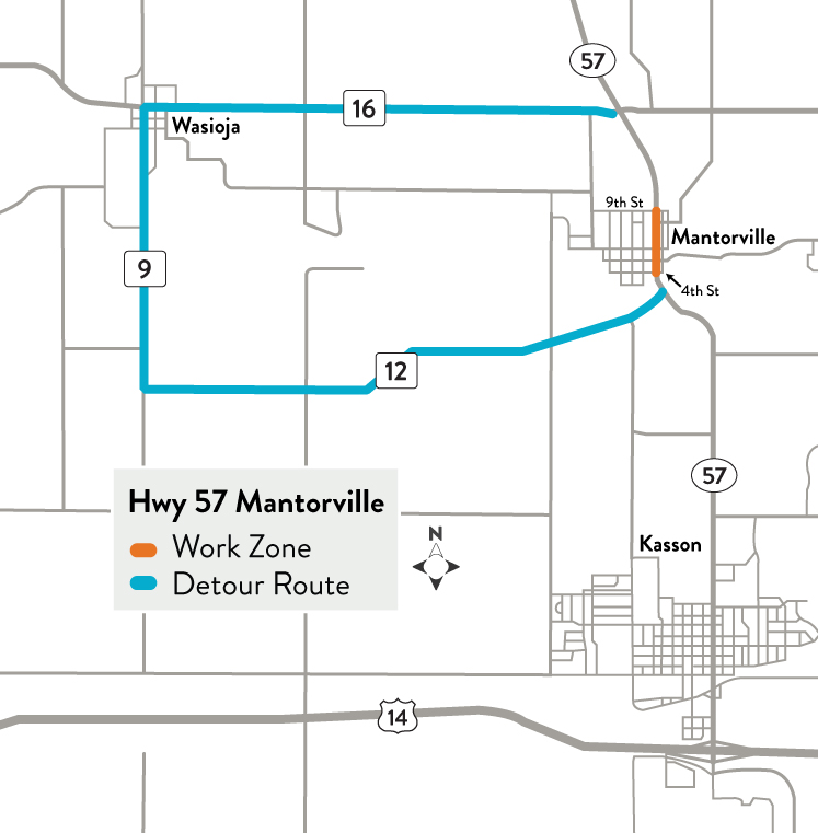 Blue line designates the detour route around Mantorville for truck, trailer, farm implement traffic.